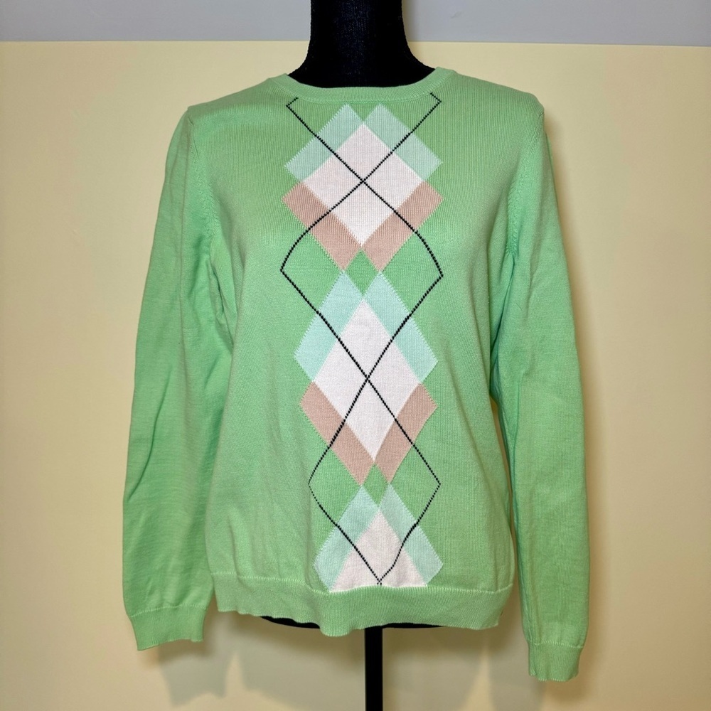 Preppy mint green Izod argyle crew‎ neck long sleeved sweater 100% cotton large